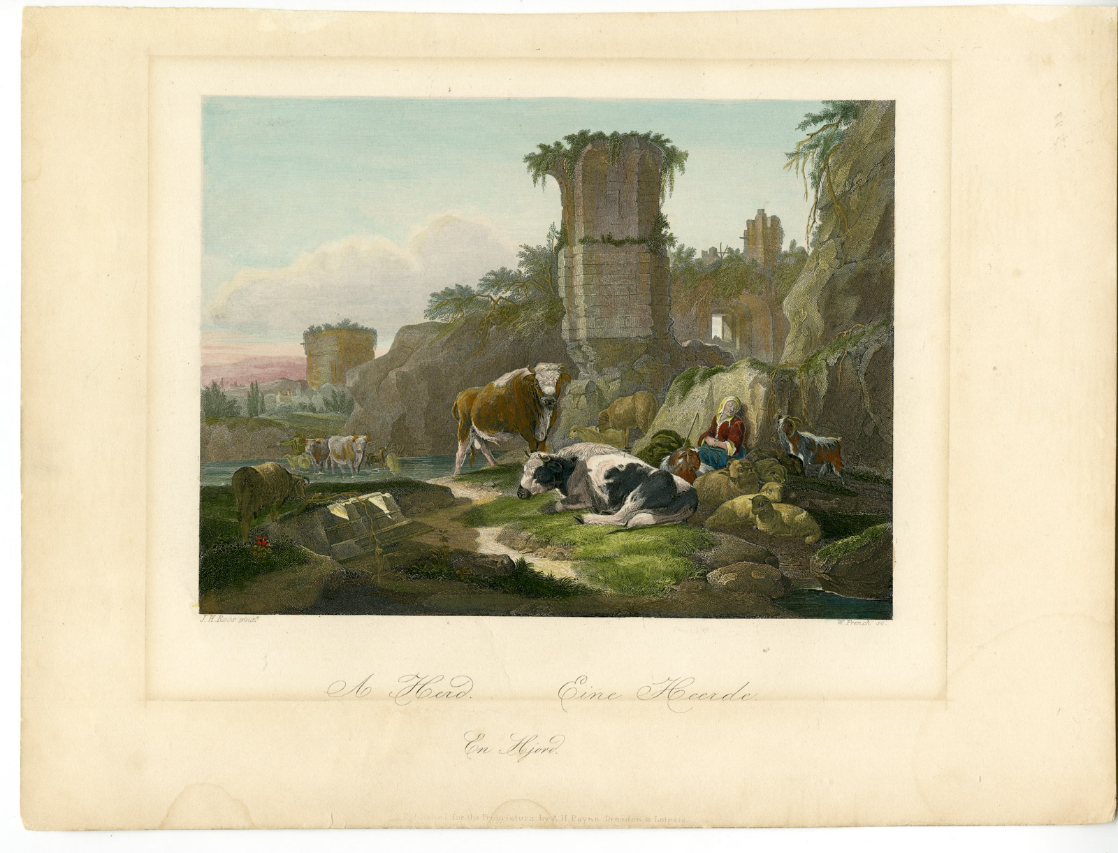 , Antique Print-SHEPHERDESS-REST-FLOCK-RIUN-French-Roos-1850, Pictura Antique Prints