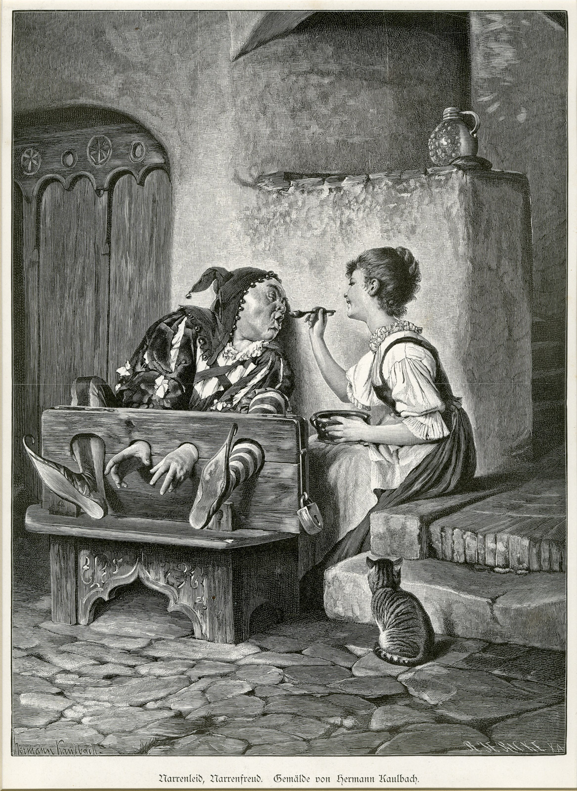, Antique Master Print-FOOL-GRIEF-JOY-STOCKS-FEED-CAT-Jericke-Herman Kaulbach-1880, Pictura Antique Prints