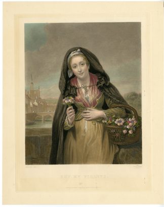 Antique Master Print-BUY MY VIOLETS-FLOWERSELLER-WOMAN-Maile-Destouches-1850