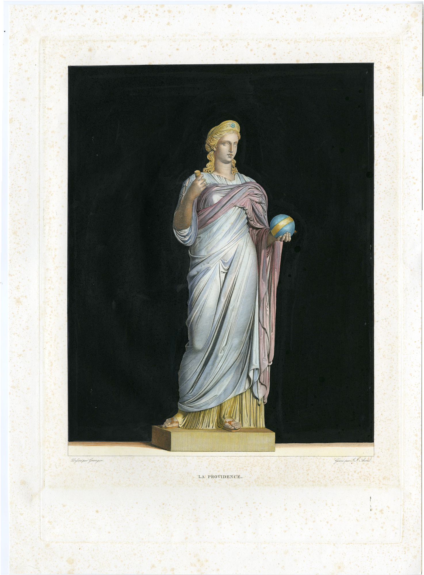 , Antique Master Print-FEMALE-STATUE-ORB-ROBE-CROWN-BATON-Avril-Granger-1818, Pictura Antique Prints