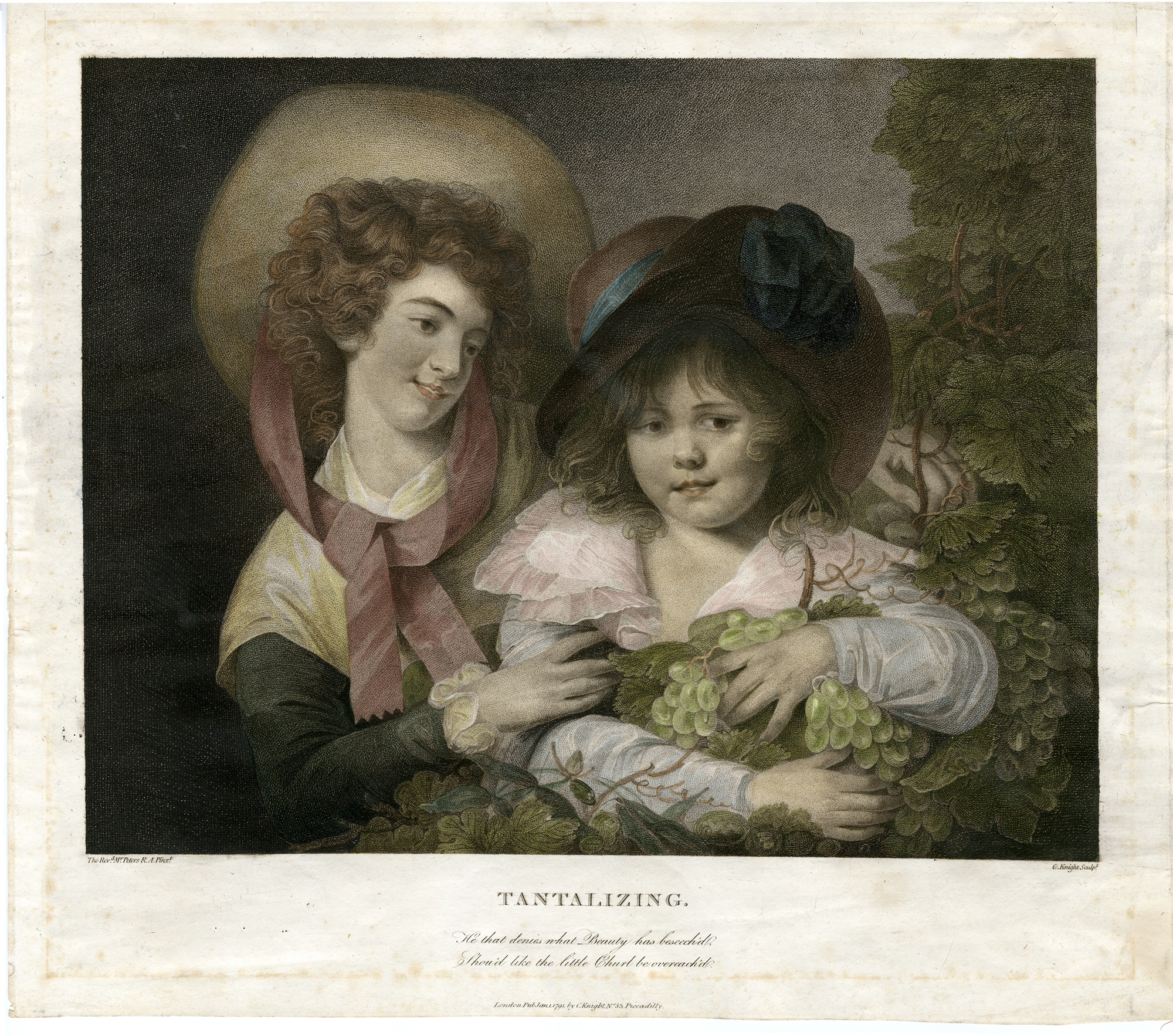 , Antique Master Print-TANTALIZING-GRAPES-HAT-GIRL-Knight-Peters-1795, Pictura Antique Prints
