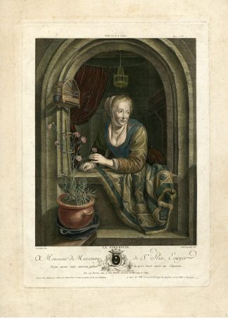 Antique Master Print-FLEURISTE-FLORIST-BIRD CAGE-CARNATION-De Marcenay-Dou-1766