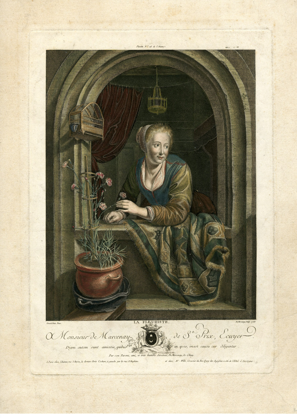 , Antique Master Print-FLEURISTE-FLORIST-BIRD CAGE-CARNATION-De Marcenay-Dou-1766, Pictura Antique Prints