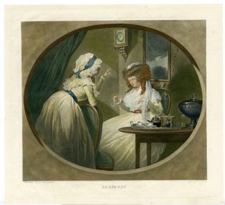 Antique Master Print-PROOF-SUSPENSE-LADY-ATTENDANT-WATCH-Ward-Morland-1788