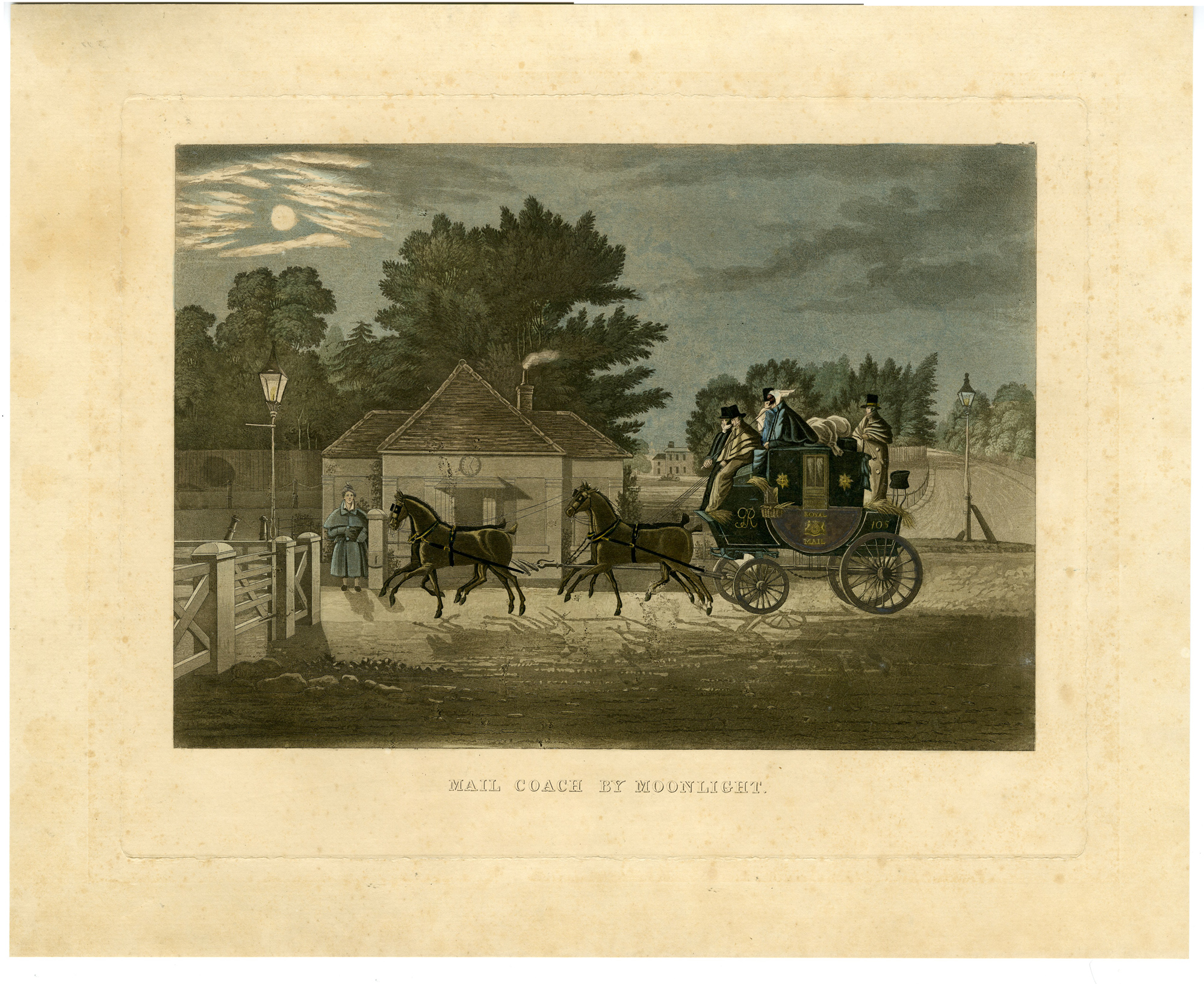 , Antique Master Print-PROOF-COACH-ROYAL MAIL-NIGHT SCENE-Hunt-Pollard-1825, Pictura Antique Prints