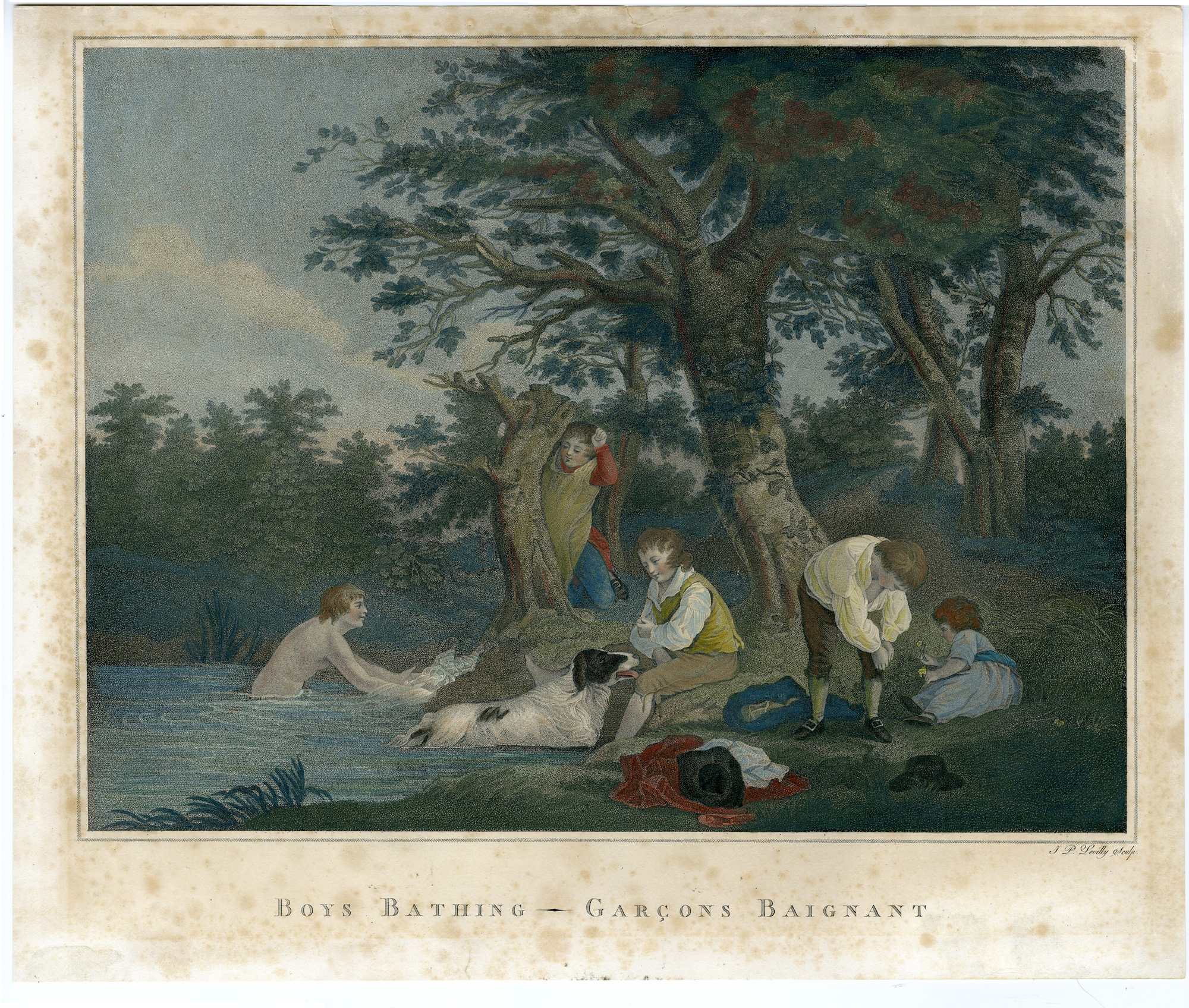 , Antique Master Print-SWIMMING-FOREST-POND-BOYS-DOG-Suntach-Morland-1799, Pictura Antique Prints