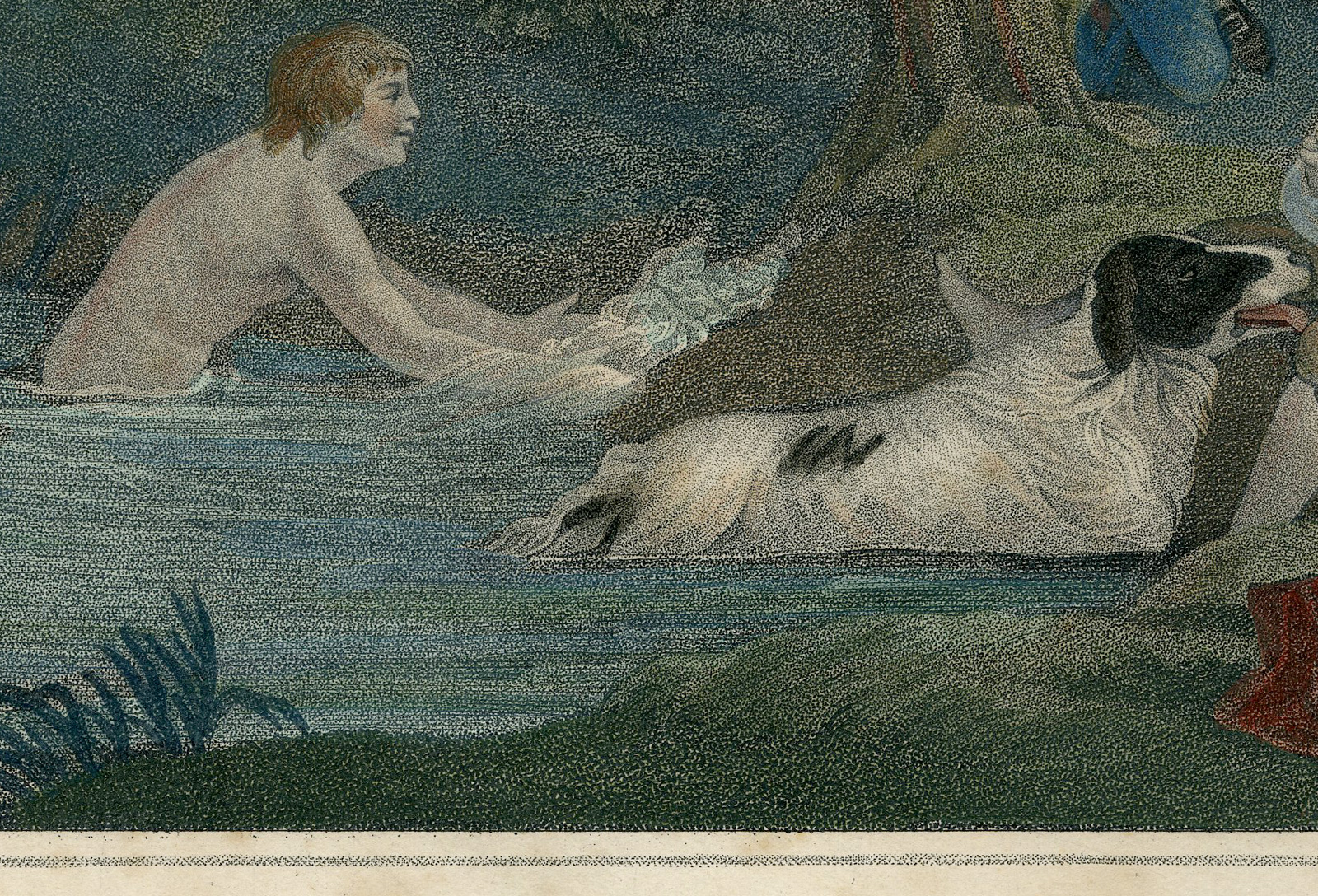 , Antique Master Print-SWIMMING-FOREST-POND-BOYS-DOG-Suntach-Morland-1799, Pictura Antique Prints