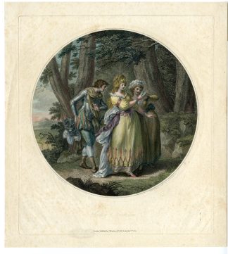 Antique Master Print-WOMEN-FOREST-MIRROR-GENTLEMAN-ARMOR-Tomkins-Ansell-1787