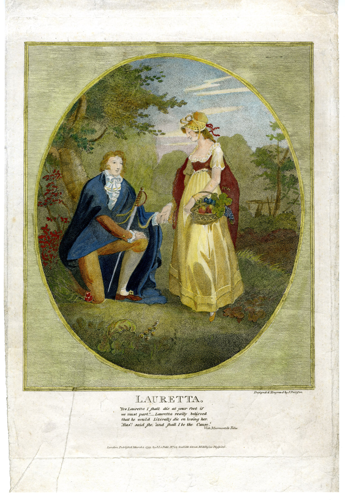 , Antique Master Print-MARMONTEL-LAURETTA-KNEEL-FLOWER-Peirson-1799, Pictura Antique Prints