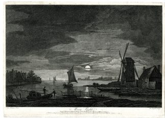 Antique Master Print-MOONLIGHT-LANDSCAPE-WINDMILL-LAKE-Boydell-Van Bosman-1753