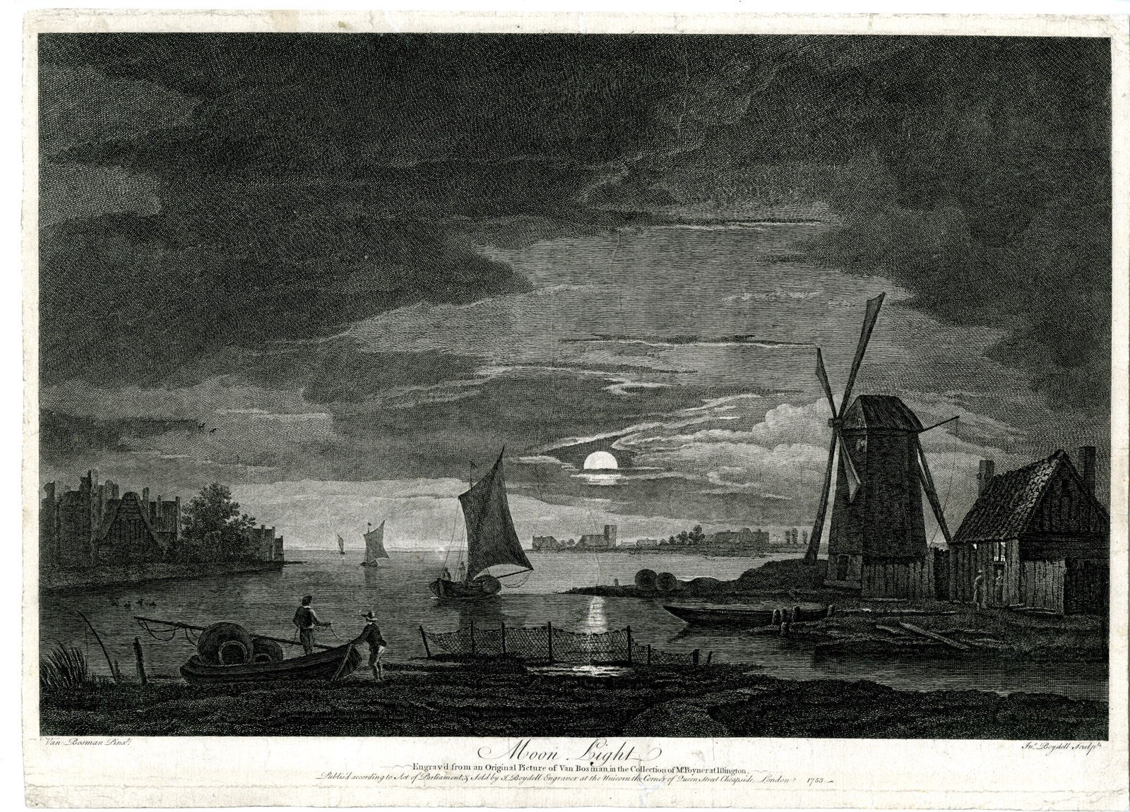 , Antique Master Print-MOONLIGHT-LANDSCAPE-WINDMILL-LAKE-Boydell-Van Bosman-1753, Pictura Antique Prints