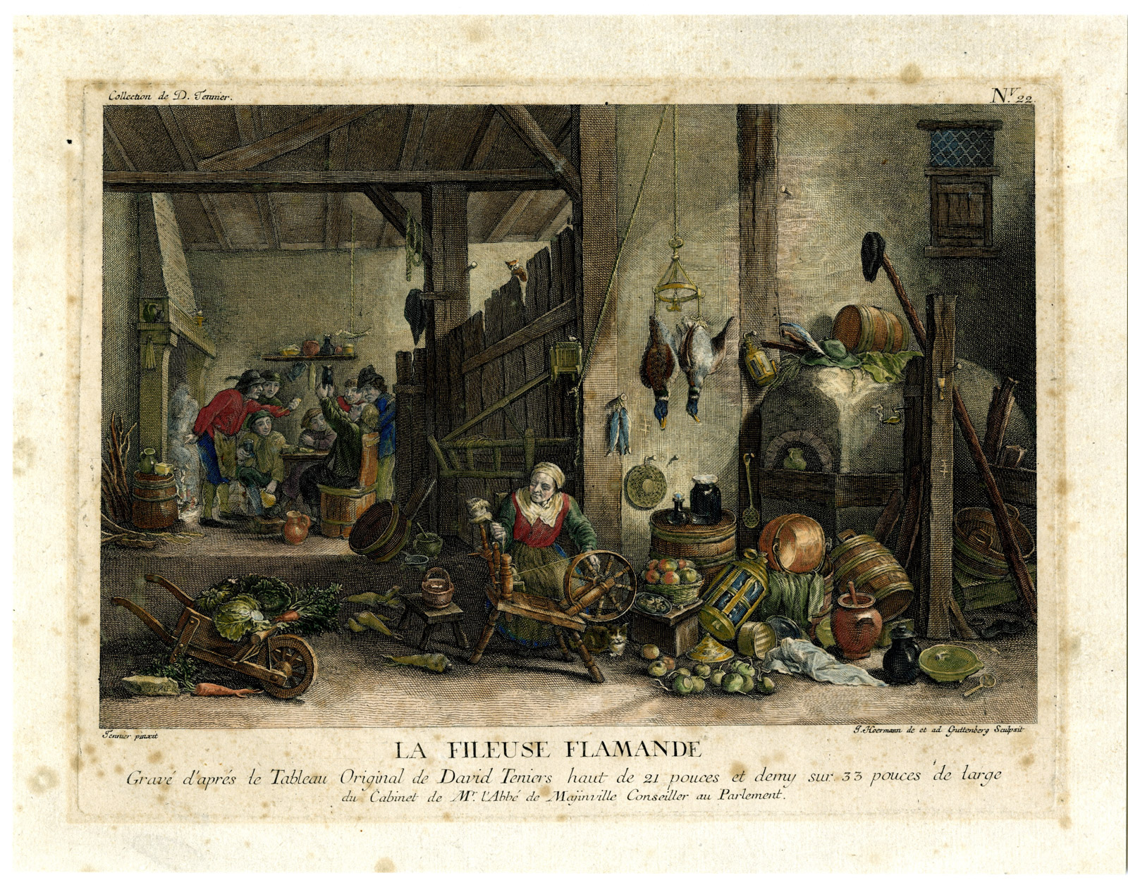 , Antique Master Print-WOMAN-LOOM-WEAVING-FLEMISH WEAVER-Hoermann-Teniers-1760, Pictura Antique Prints