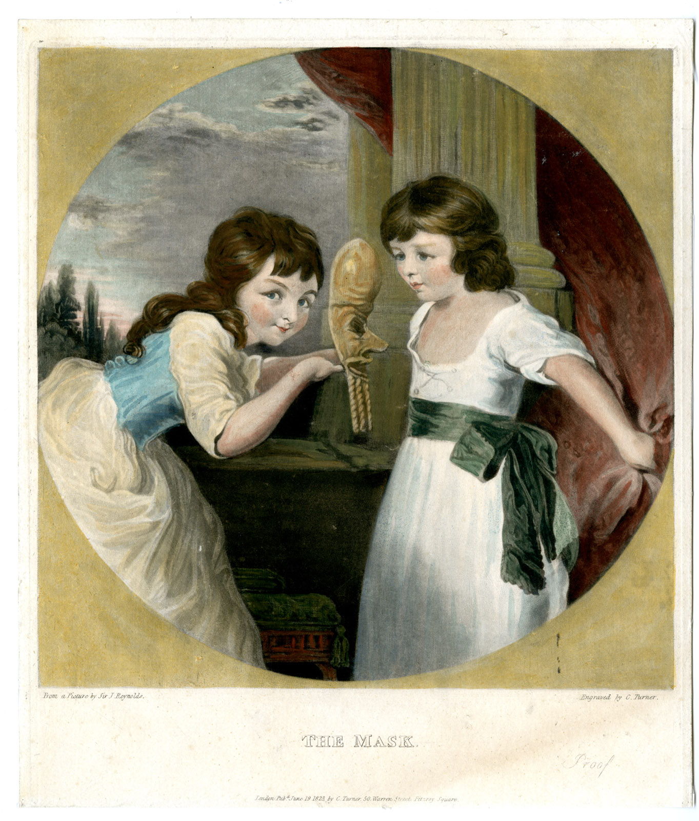 , Antique Master Print-MASK-SILENUS-GIRL-INSPECT-Turner-Reynolds-1823, Pictura Antique Prints