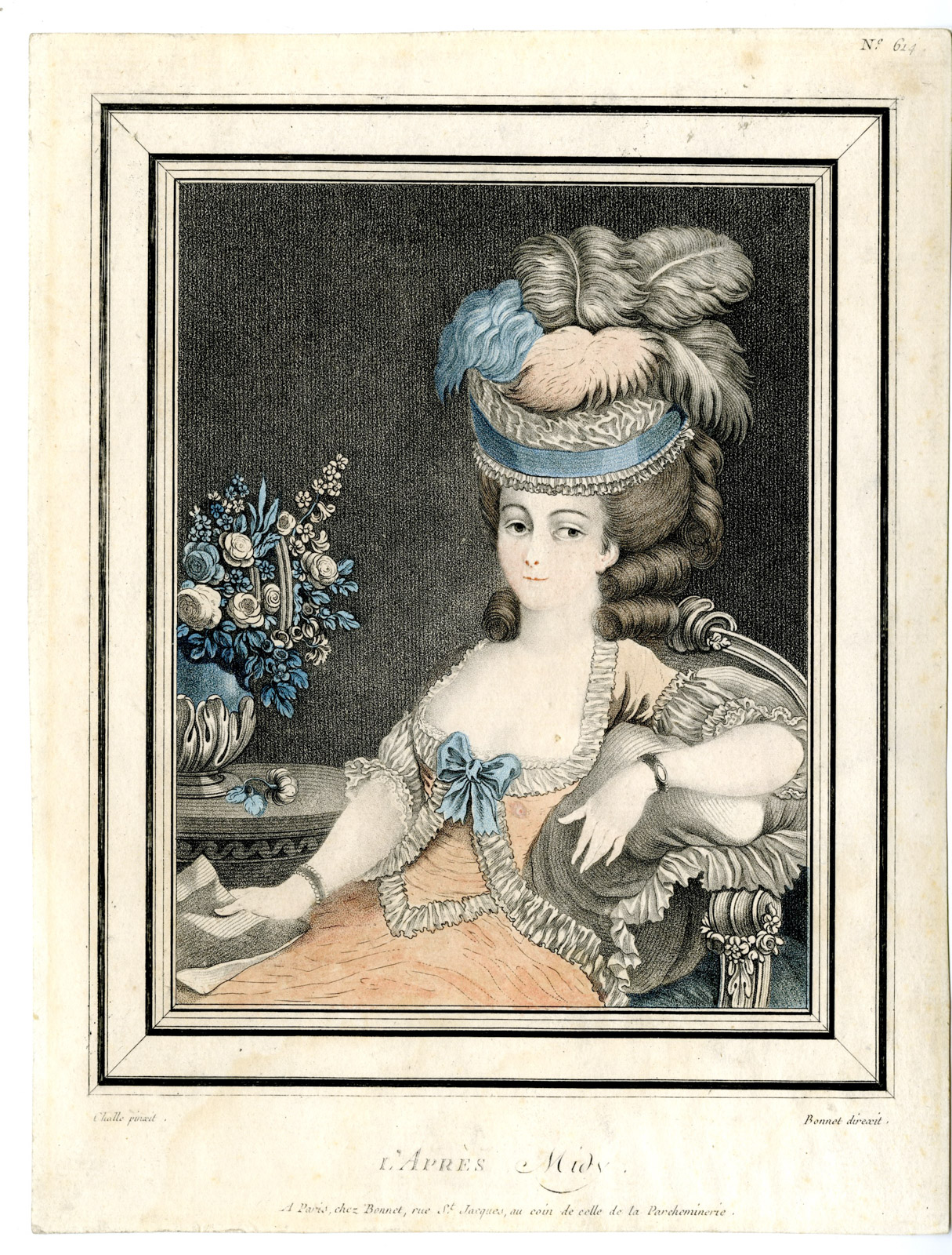 , Antique Master Print-LADY-SEATED-VASE-DOG-HEADDRESS-Bonnet-Challe-1780, Pictura Antique Prints