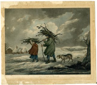 Antique Master Print-WINTER-FARMER-FIREWOOD-COTTAGE-Williamson-Morland-1812