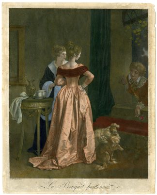 Antique Master Print-LADY-FLOWER-YOUNG MAN-SURPRISE-SILK-Gerard-1795