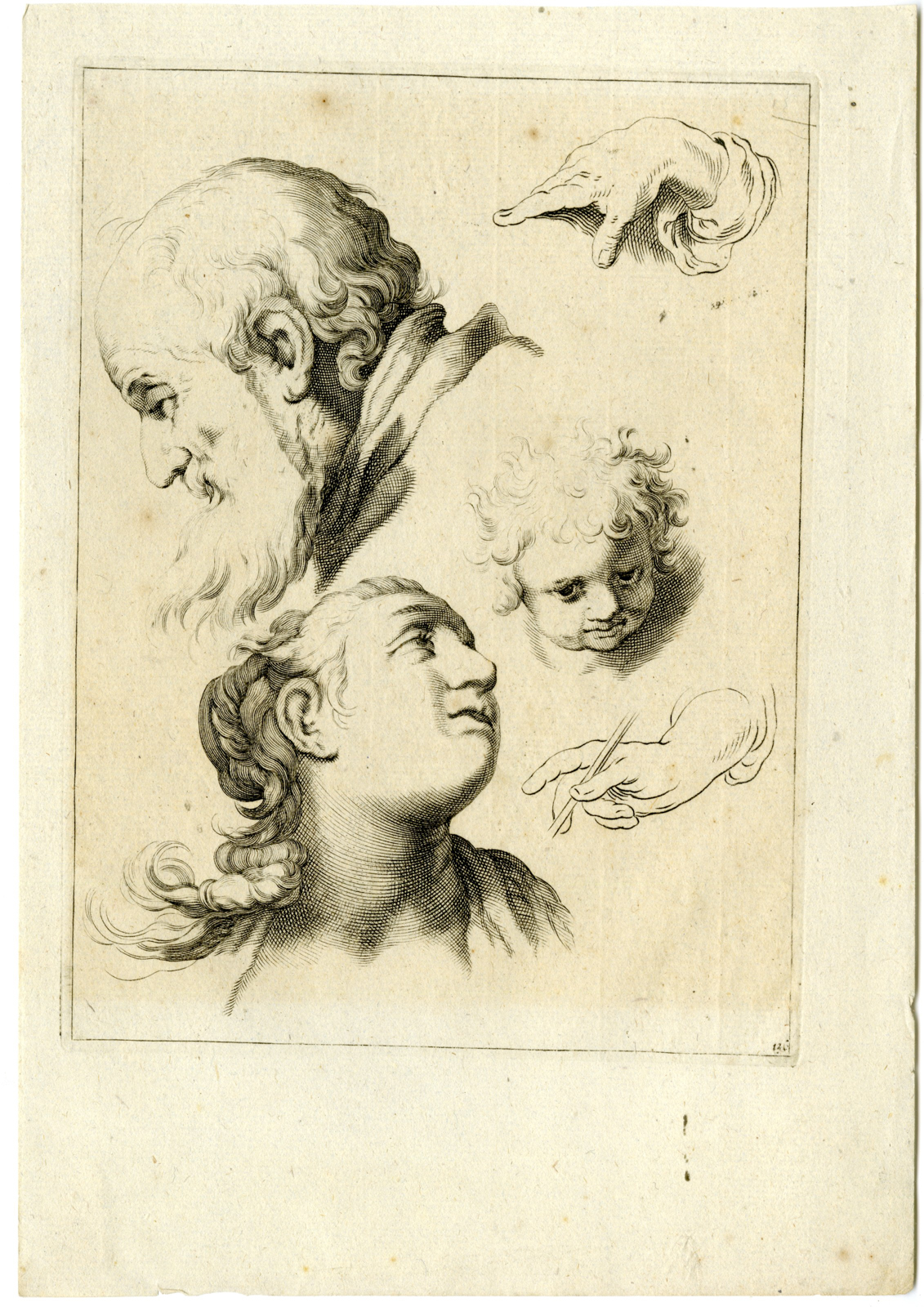 , Antique Master Print-STUDY-HANDS-HEADS-OLD-MAN-WOMAN-CHILD-Bloemaert-c.1679, Pictura Antique Prints