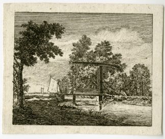 Antique Master Print-LANDSCAPE-SAIL BOAT-BRIDGE-Anonymous-18th c.