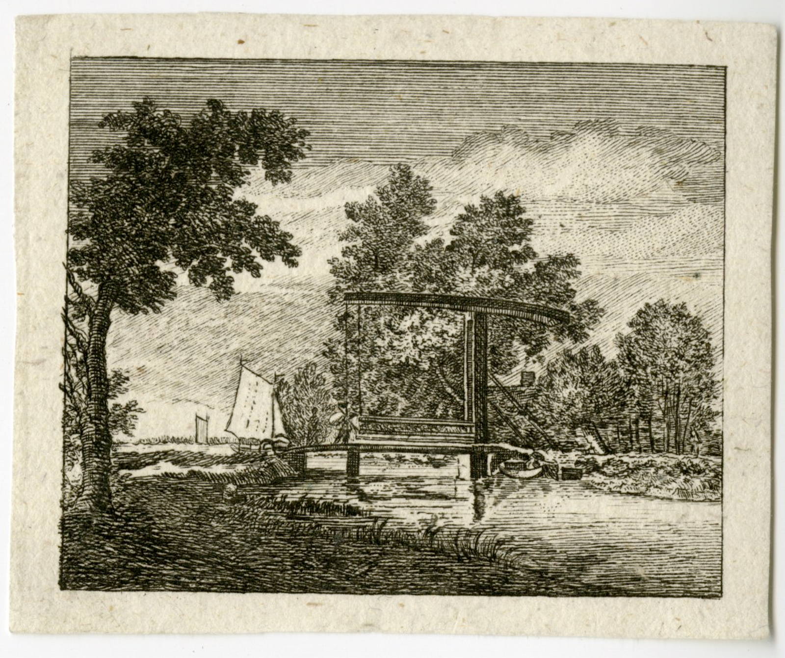 , Antique Master Print-LANDSCAPE-SAIL BOAT-BRIDGE-Anonymous-18th c., Pictura Antique Prints