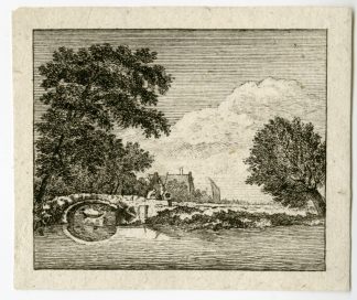 Antique Master Print-LANDSCAPE-BOAT-STONE-BRIDGE-VILLAGE-Anonymous-18th c.