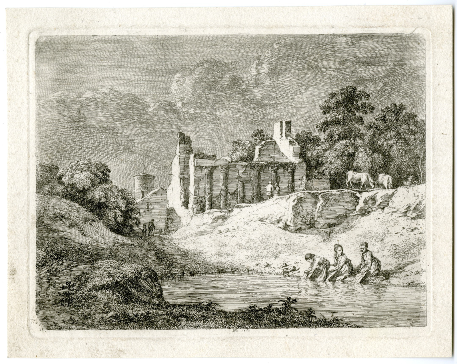 , Antique Master Print-LANDSCAPE-WASHERWOMAN-Boissieu-1773, Pictura Antique Prints