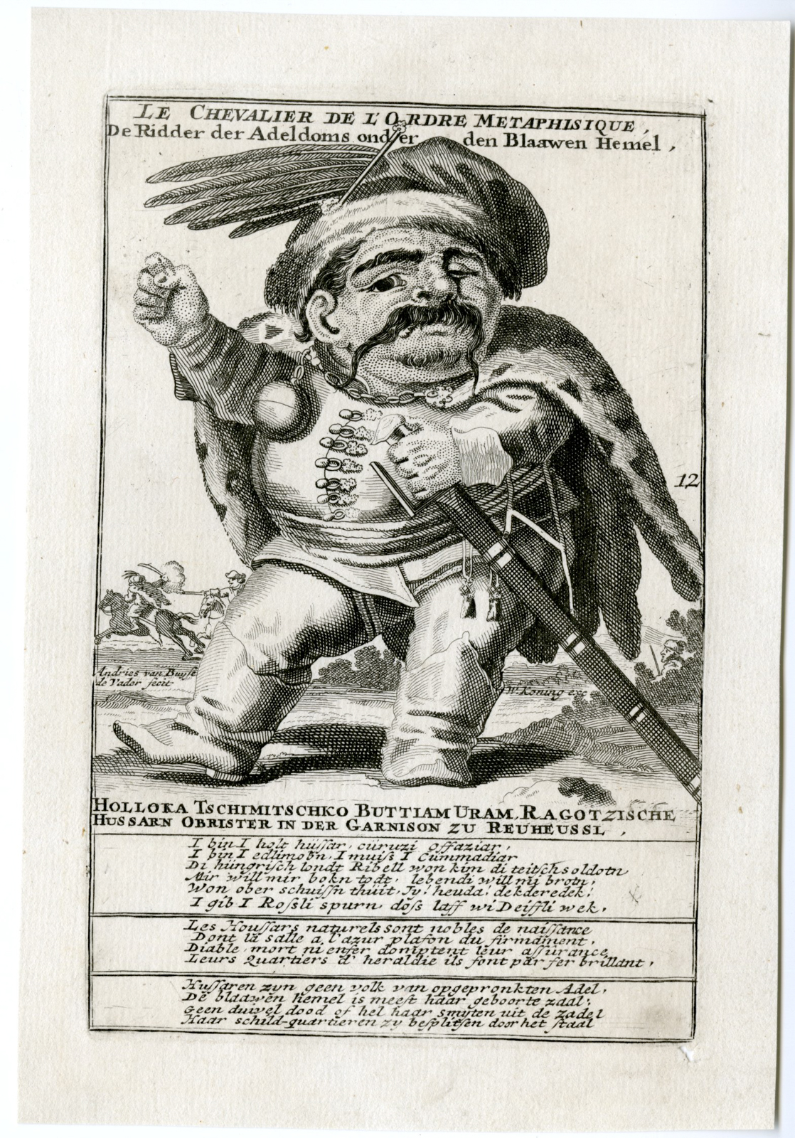, Antique Master Print-DWARFS-SATIRES-CARICATURES-NOBLE-KNIGHT-12-van Buysen-1716, Pictura Antique Prints