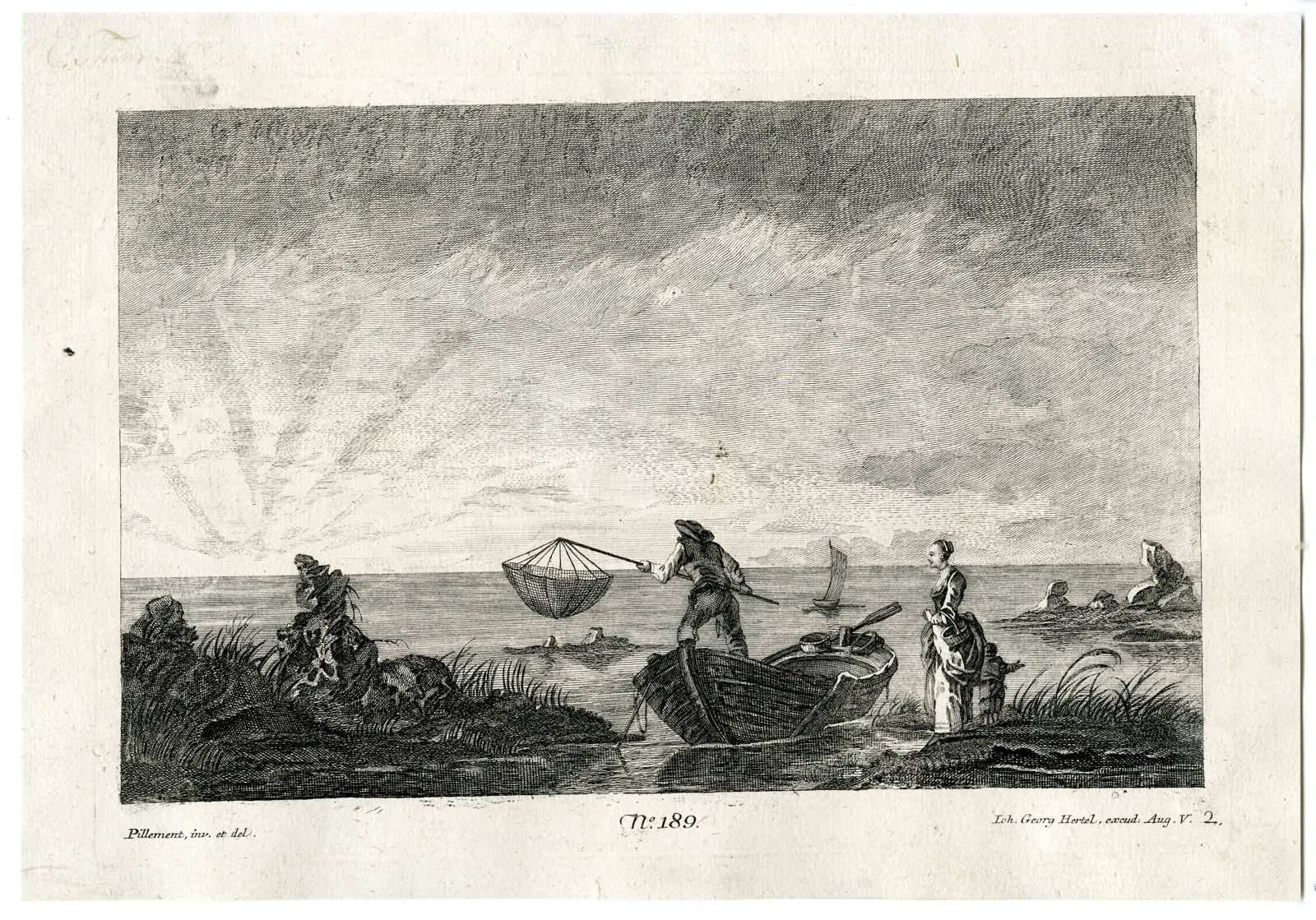 , Antique Master Print-LANDSCAPE-WITH-FIGURES-AT-A-SEASHORE-Hertel-Pillement-18th c., Pictura Antique Prints