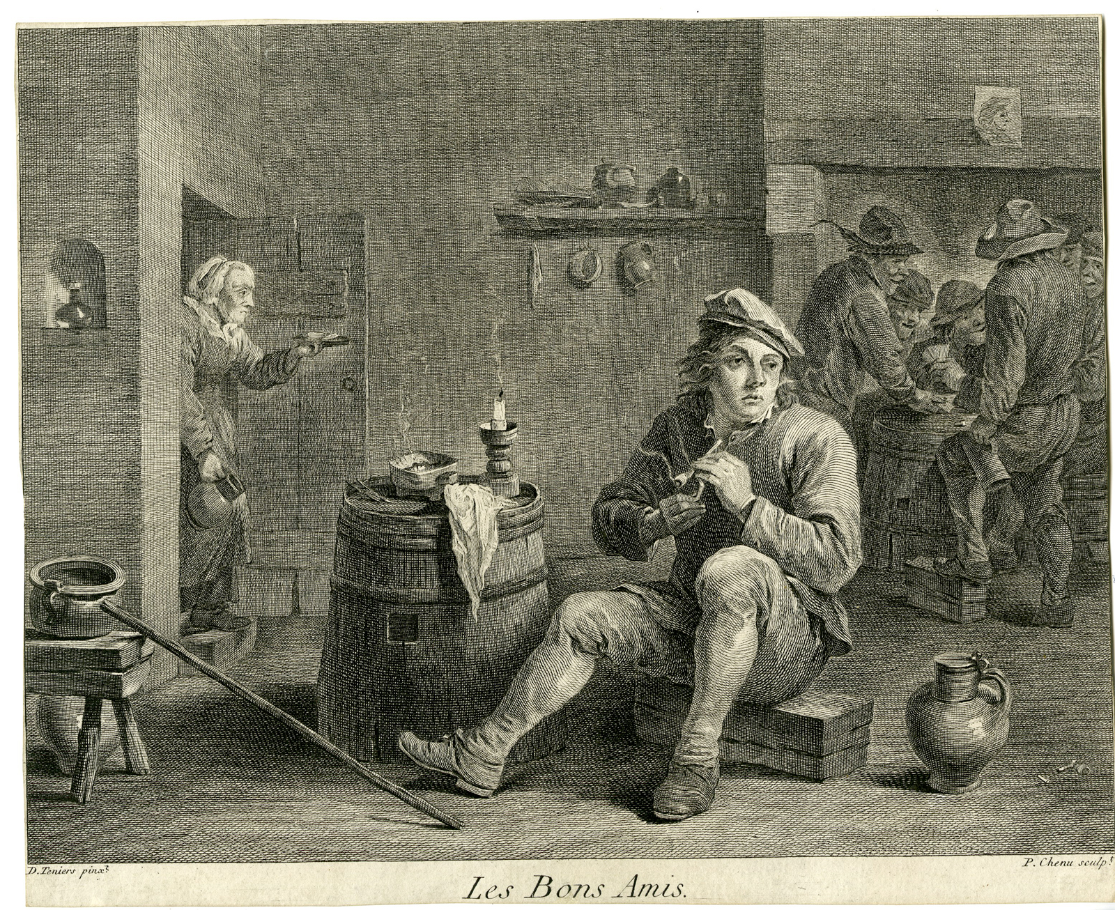 , Antique Master Print-MAN-SMOKING-PIPE-BARREL-CARDGAME-Chenu-Teniers-18th c., Pictura Antique Prints