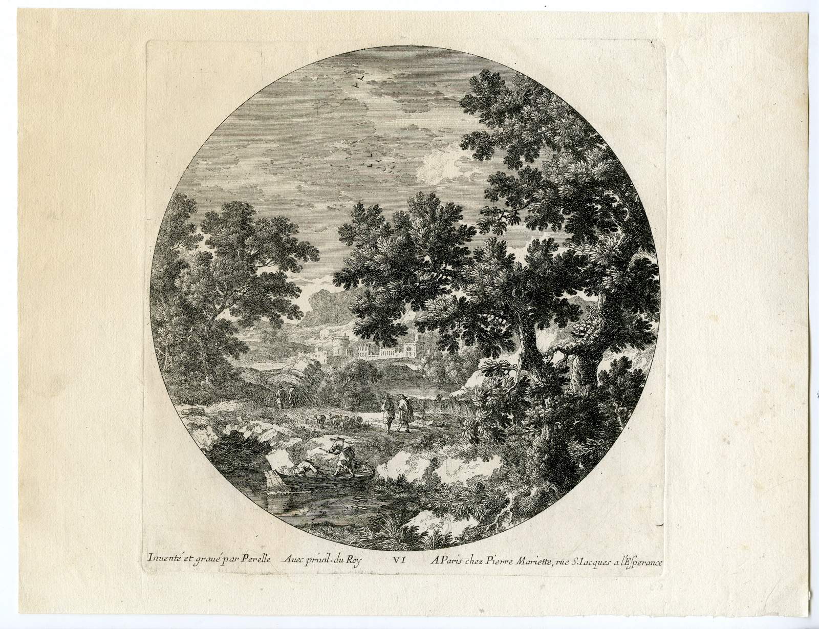 , Antique Master Print-LANDSCAPE-WATERFRONT-CLASSICAL-VILLA-Perelle-c.1695, Pictura Antique Prints