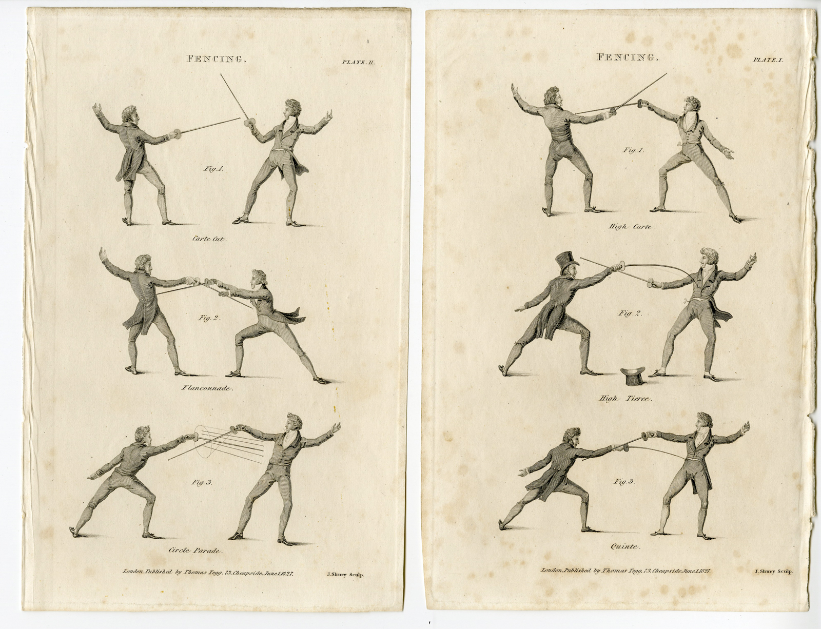 , 2-Antique Prints-FENCING-TECHNIQUES-Shury-1827, Pictura Antique Prints
