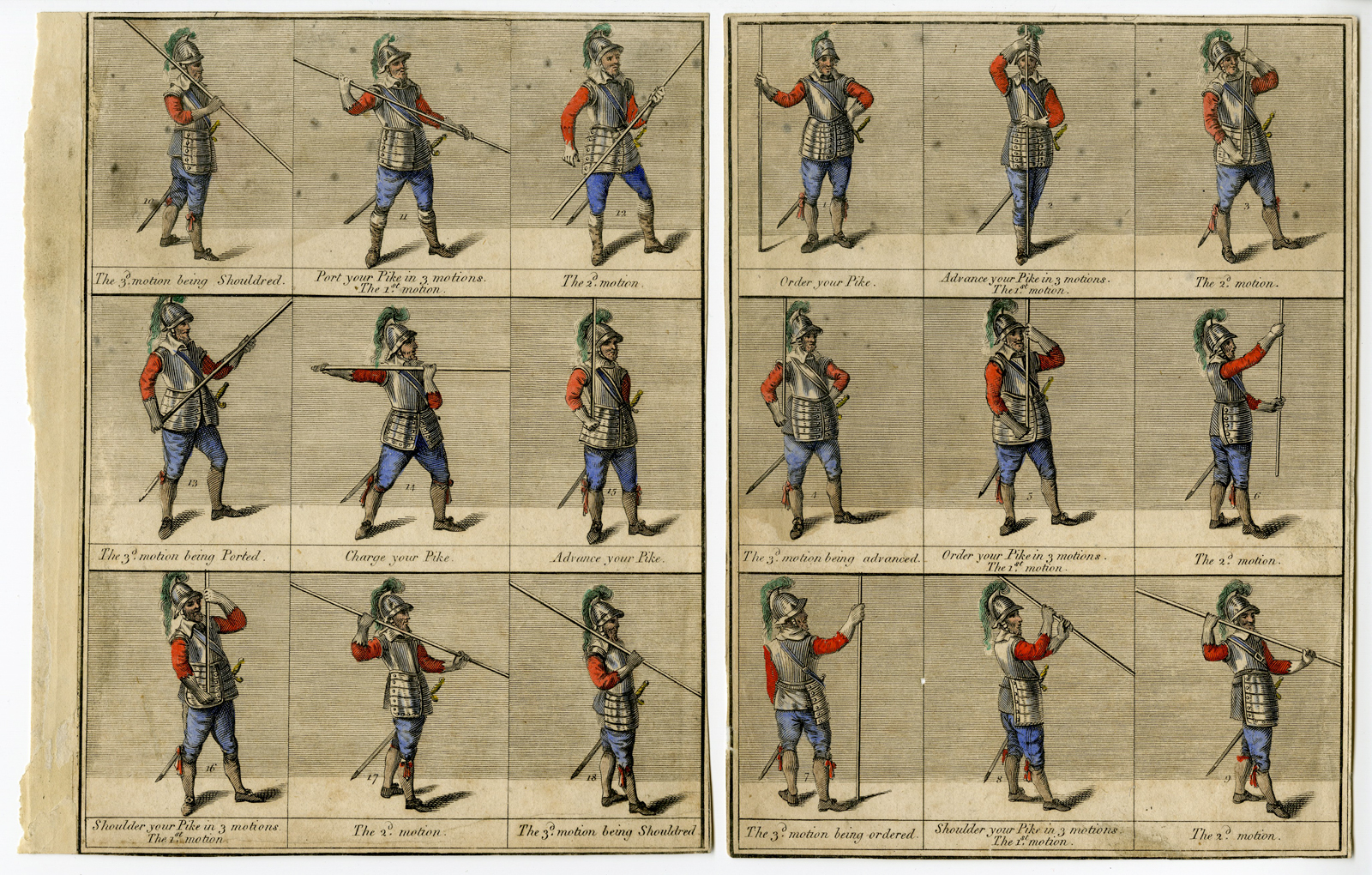 , 2-Antique Prints-MILITARY-EXERCISES-PIKE-PIKEMAN-Grose-1812, Pictura Antique Prints