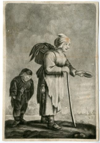 Antique Master Print-FEMALE-BEGGAR-RIVER-LANDSCAPE-Schagen-Brouwer-c.1700