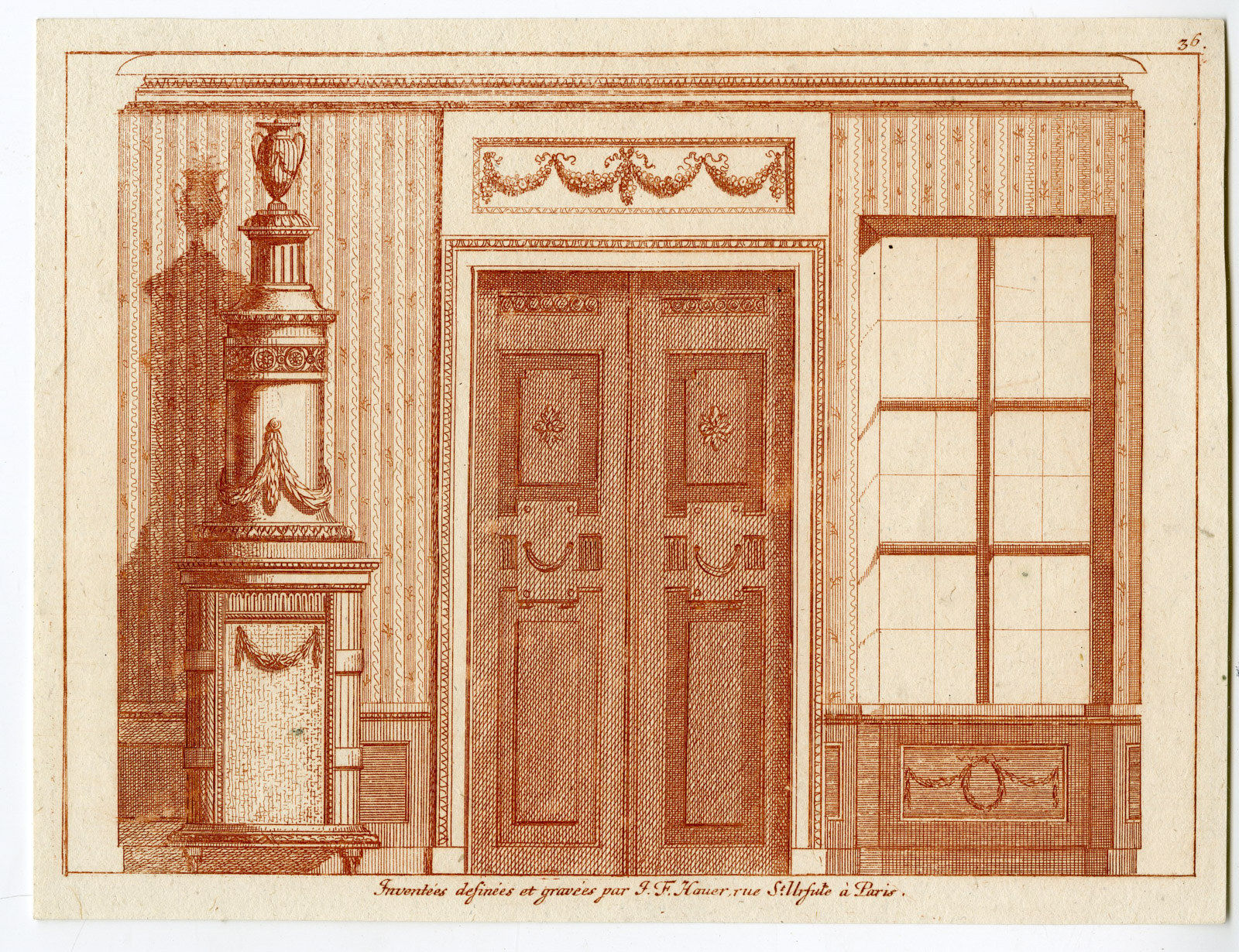 , Antique Print-ARCHITECTURAL-SKETCH-INTERIOR-DOOR-WINDOW-STOVE-Hauer-c.1800, Pictura Antique Prints
