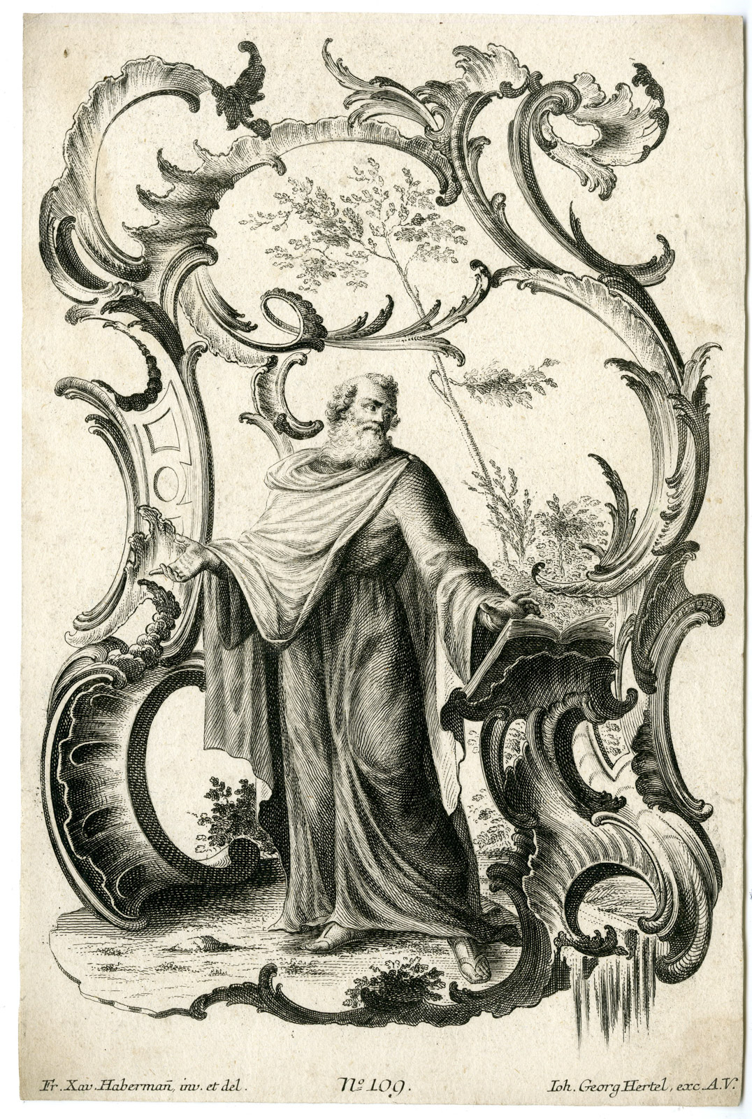 , Antique Master Print-ROCAILLE-FRAME-GARLAND-OLD MAN-CAPE-BOOK-Habermann-1731-1775, Pictura Antique Prints