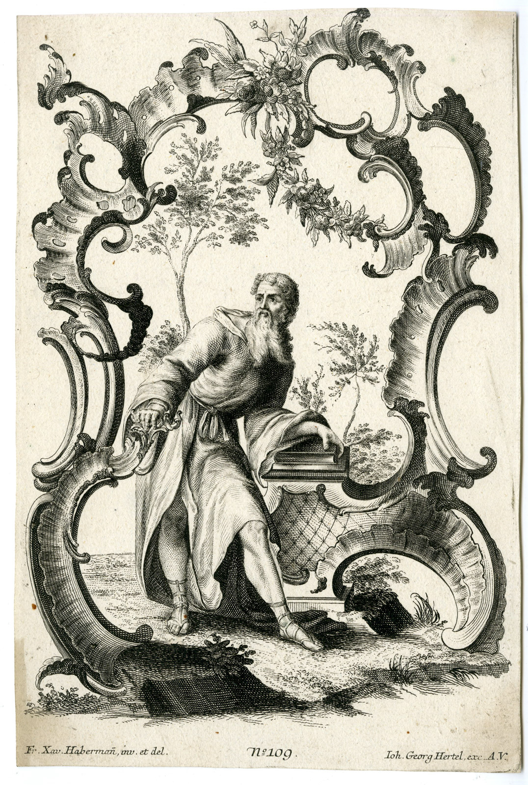 , Antique Master Print-ROCAILLE-FRAME-GARLAND-OLD MAN-BOOK-Habermann-1731-1775, Pictura Antique Prints