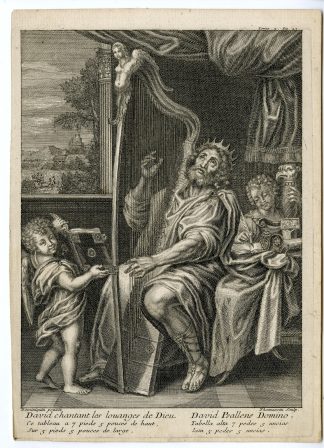 Antique Master Print-DAVID-PLAYING-HARP-Thomassin-Domenichino-c.17th c.