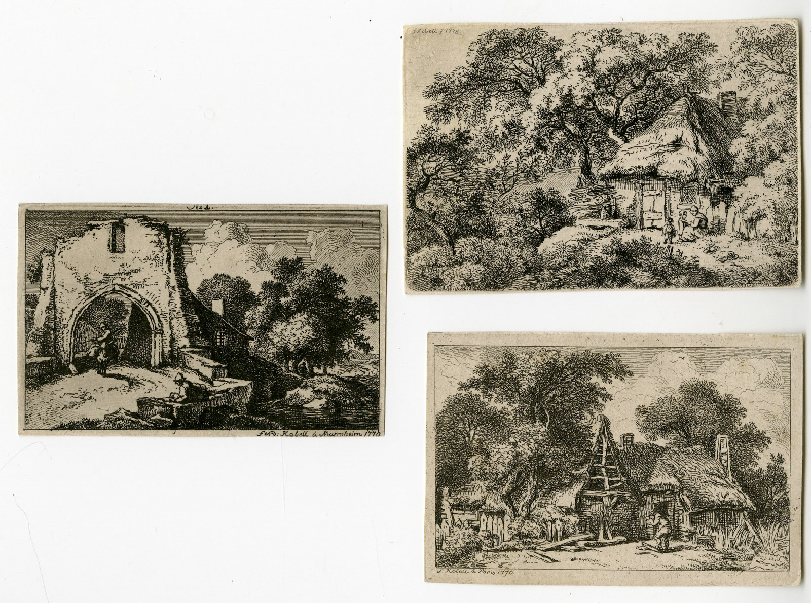 , 3-Antique Master Prints-LANDSCAPES-OLD-BUILDINGS-RURAL-Kobell-1770-1776, Pictura Antique Prints