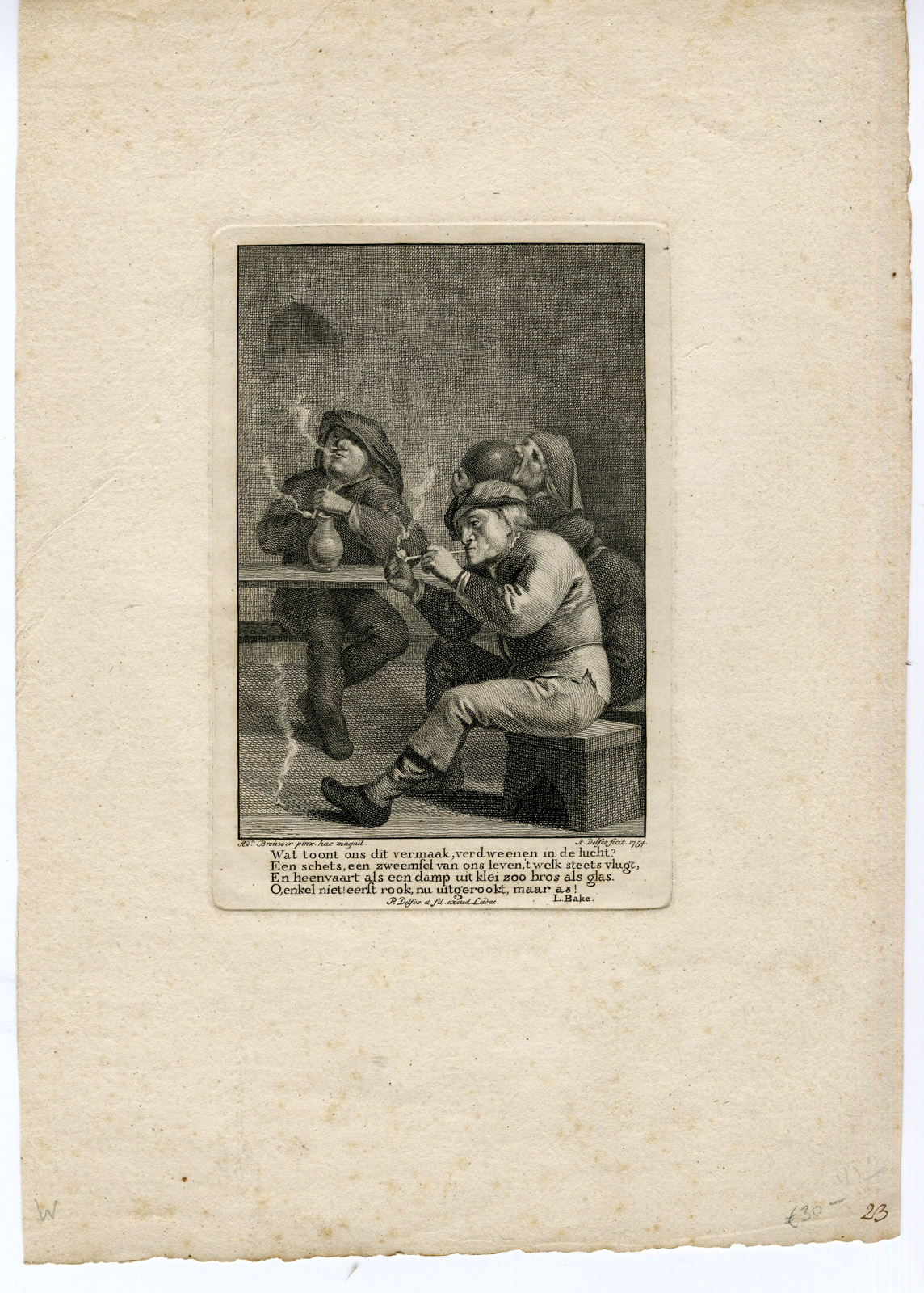 , Antique Master Print-MEN-SMOKING-DRINKING-Delfos-Brouwer-1754, Pictura Antique Prints