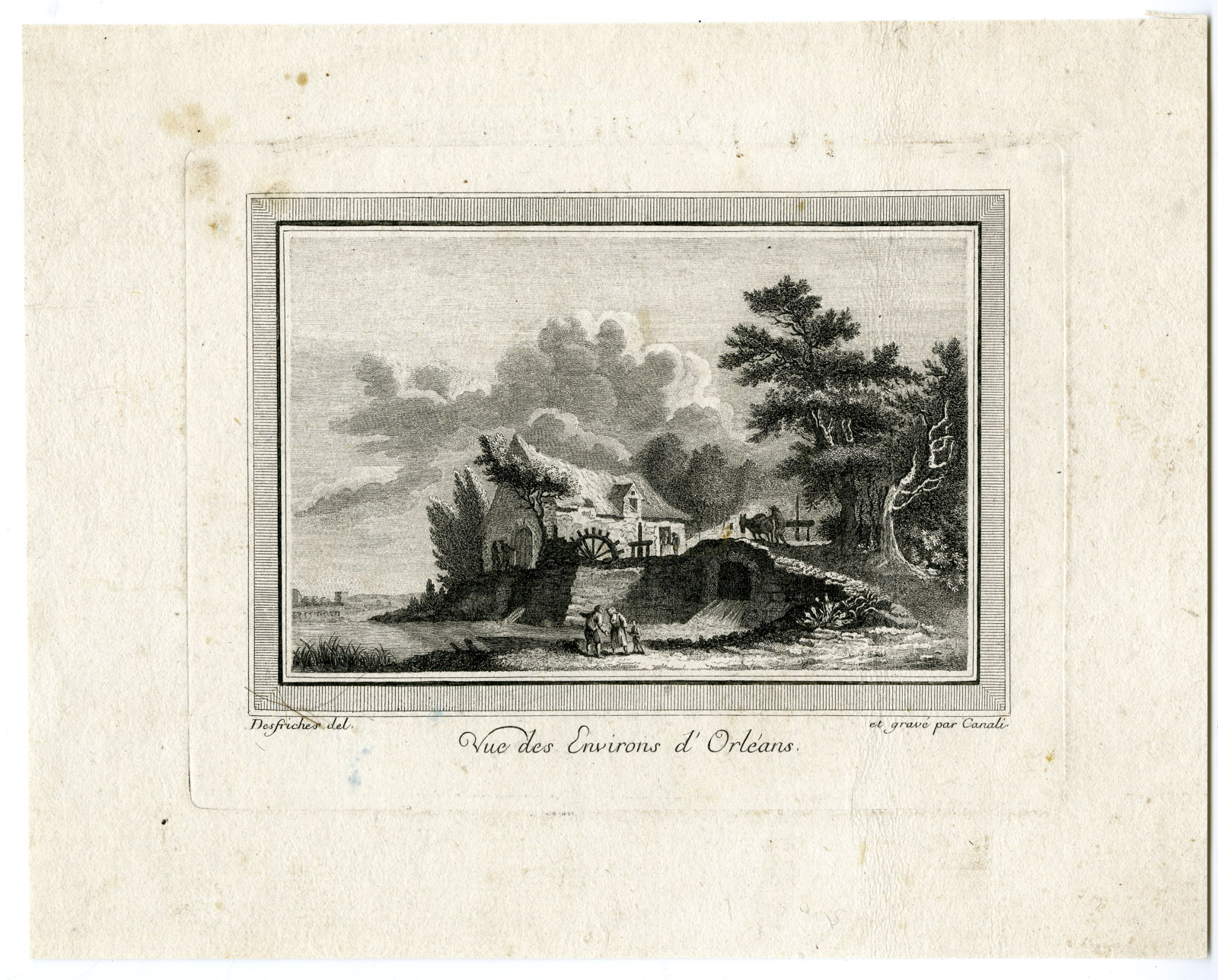 , Antique Master Print-LANDSCAPE-ORLEANS-RIVER-WATERMILL-Canale-Desfriches-18th c., Pictura Antique Prints
