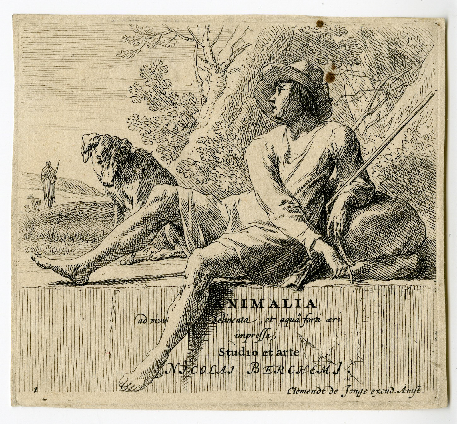 , Antique Master Print-SEATED-SHEPHERD-WITH-DOG-Berchem-1648-1652, Pictura Antique Prints