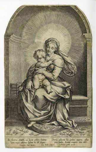 Antique Master Print-ENTHRONED MARY WITH CHILD-BIRD-NICHE-Barbe-Francken-1588