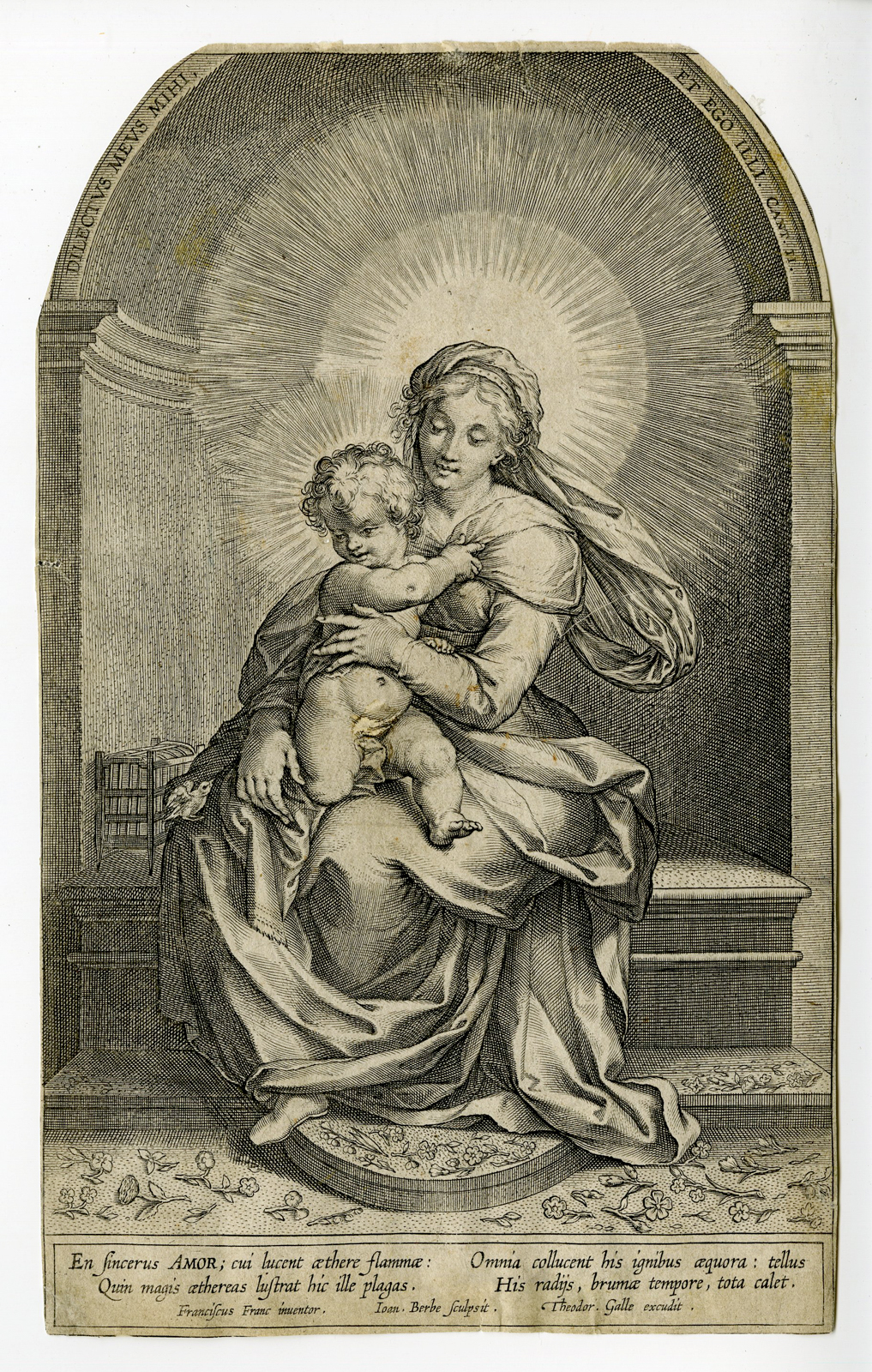 , Antique Master Print-ENTHRONED MARY WITH CHILD-BIRD-NICHE-Barbe-Francken-1588, Pictura Antique Prints
