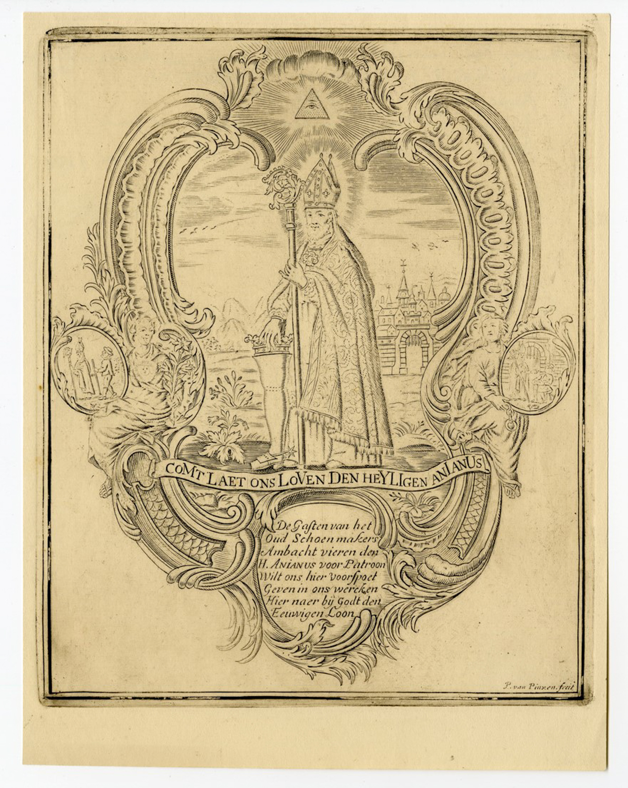 , Antique Master Print-DEVOTION-SAINT-ANIANUS-BISHOP-SHOE MAKERS-Pinxen-19th.c., Pictura Antique Prints