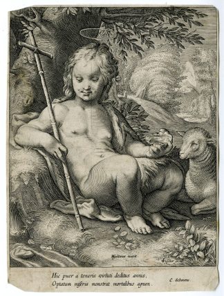 Antique Master Print-JOHN THE BAPTIST-CHILD-SHEEP-Matham-Goltzius-1614