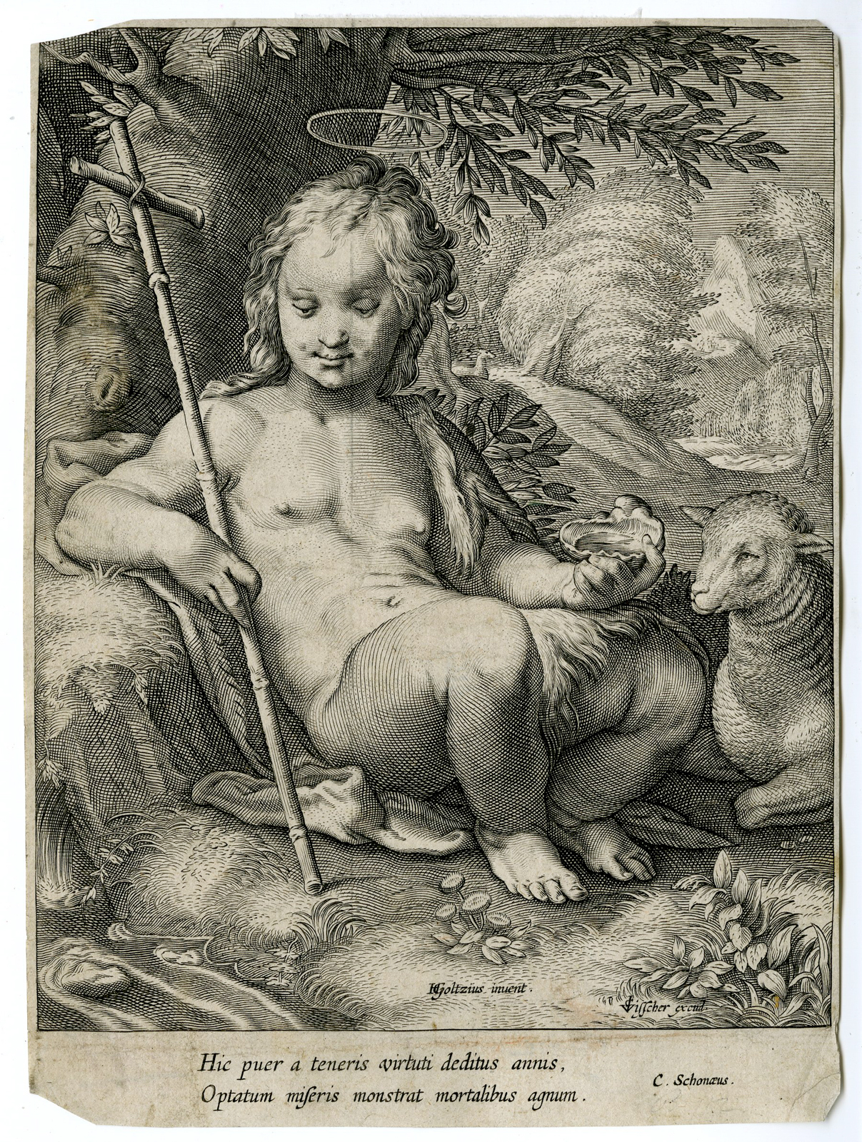 , Antique Master Print-JOHN THE BAPTIST-CHILD-SHEEP-Matham-Goltzius-1614, Pictura Antique Prints