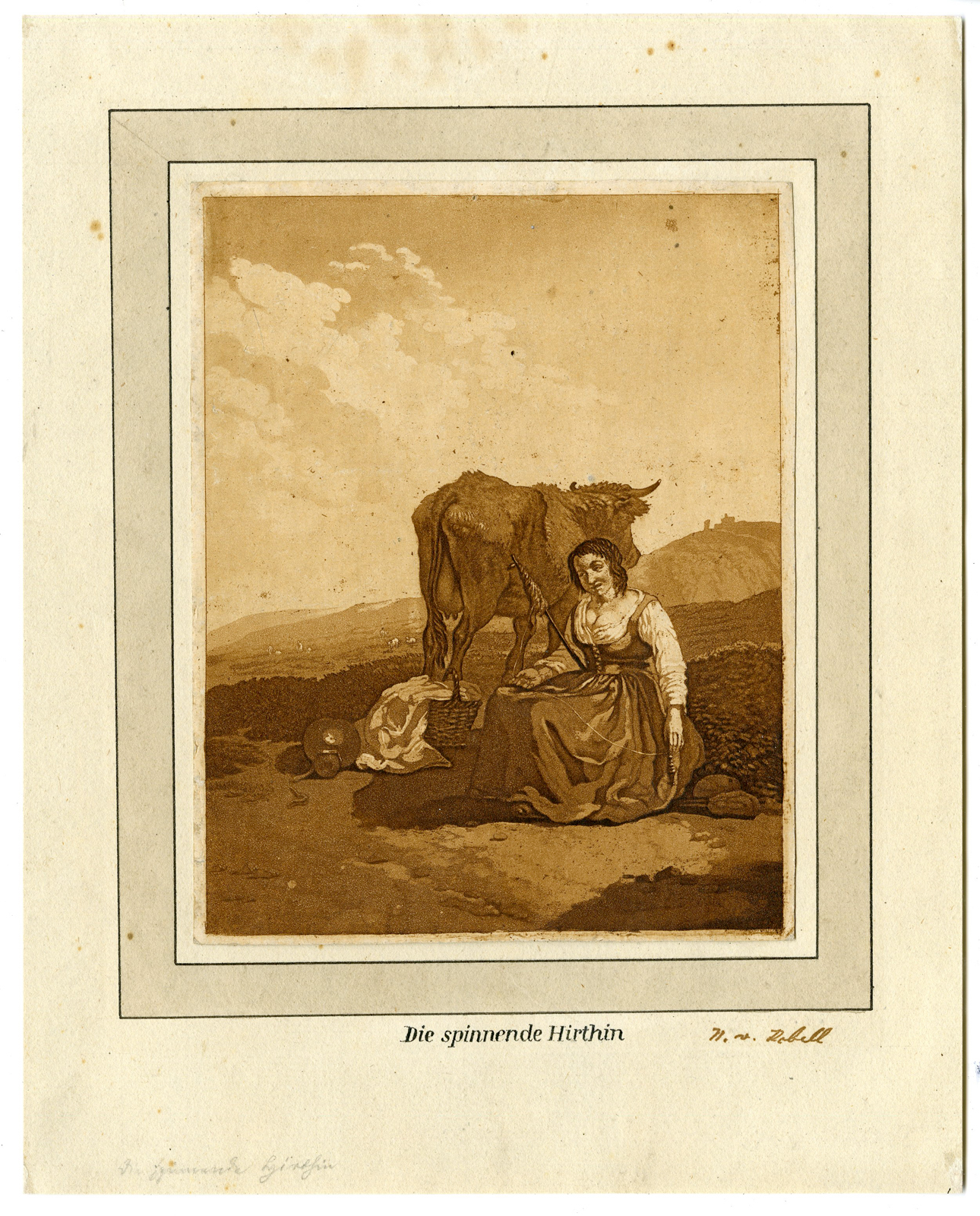 , Antique Master Print-SPINNING SHEPERDESS-von Kobell-1787, Pictura Antique Prints