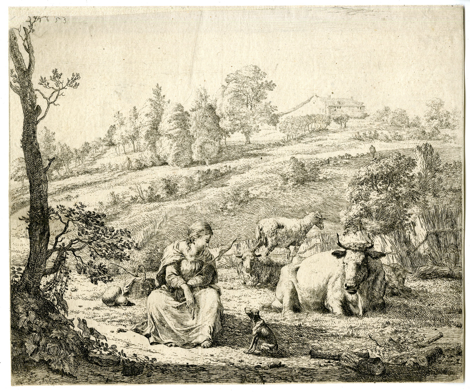 , Antique Master Print-SHEPHERDESS WITH HERD AND DOG-Dujardin-1653, Pictura Antique Prints