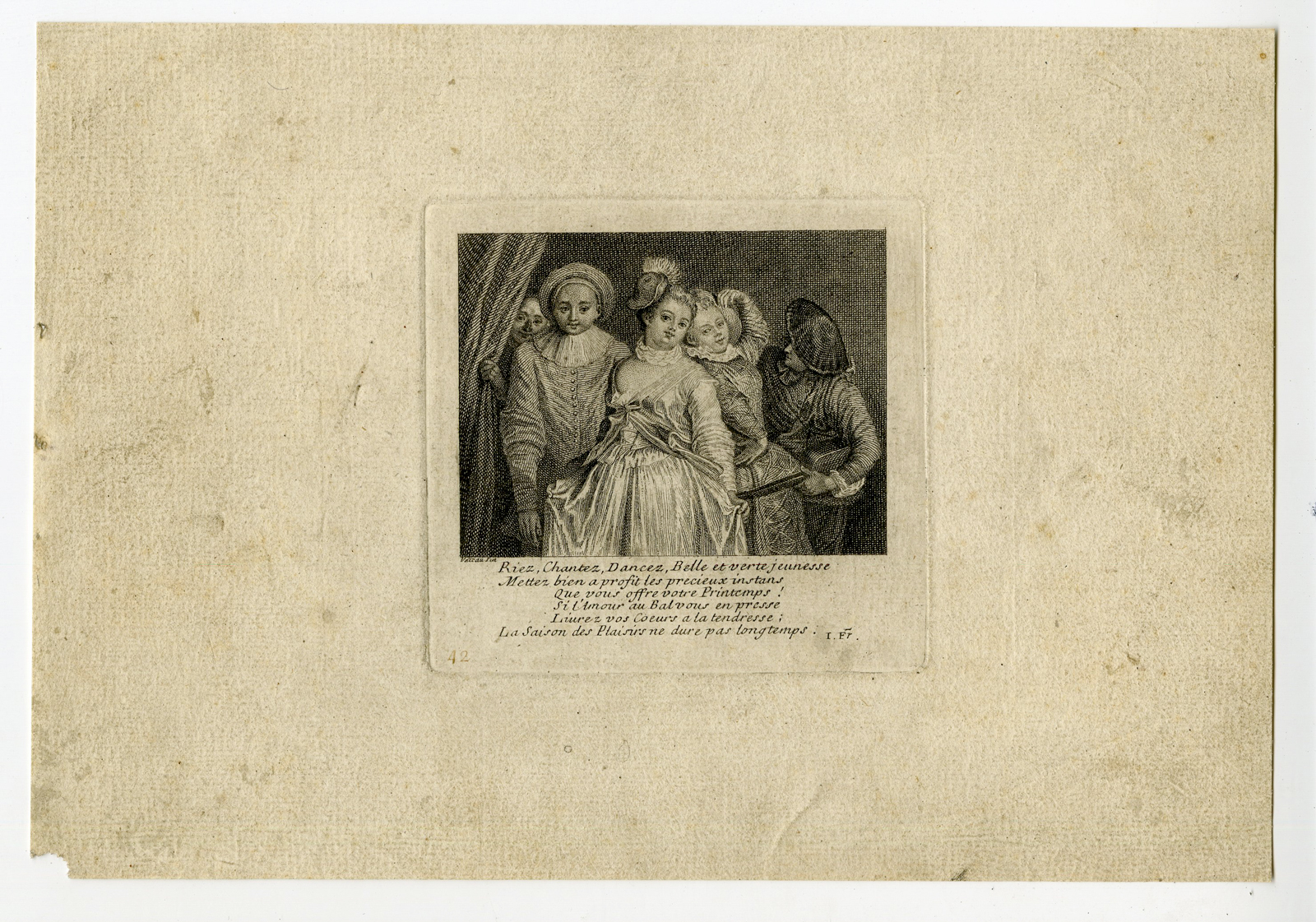 , Antique Master Print-ENJOY YOUTH-THEATRE-PIERROT-Watteau-c.1710, Pictura Antique Prints