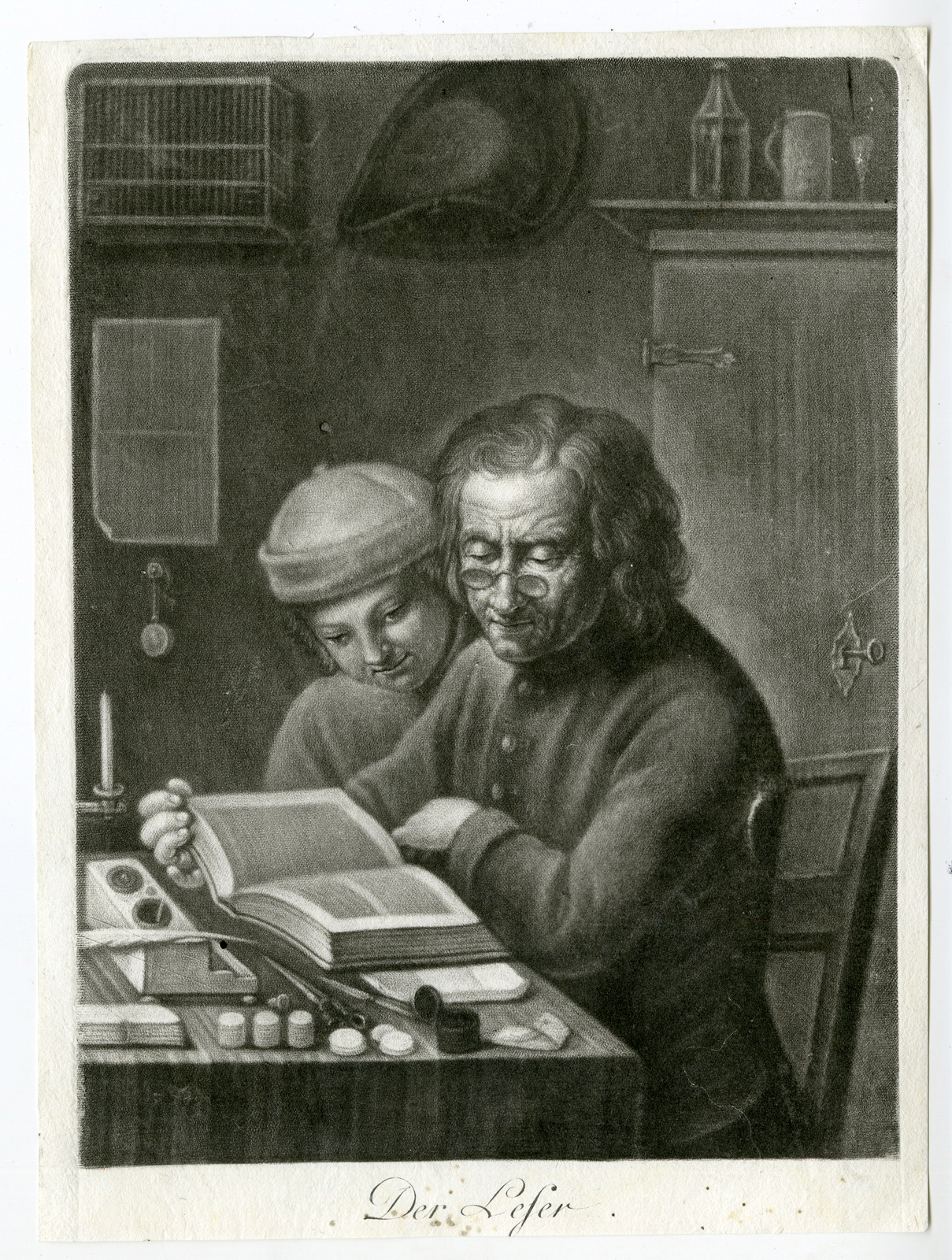 , Antique Master Print-THE READER-READING-Haid-c.1750, Pictura Antique Prints