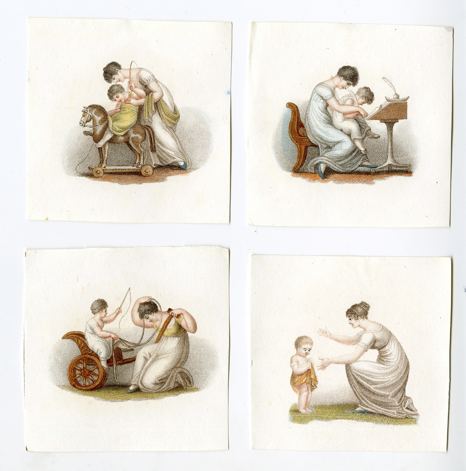 , 4-Antique Master Prints-STIPPLE-CHILDREN GAMES-MOTHER AND CHILD-Janet-c.1820, Pictura Antique Prints